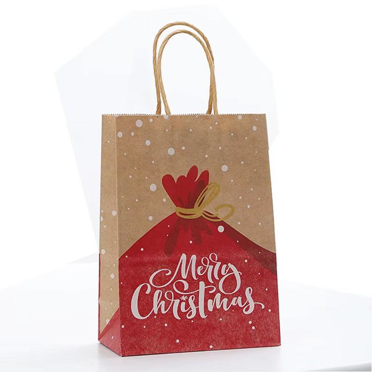 Reusable Christmas Kraft Paper Packaging Bags With Handles Offset Printing