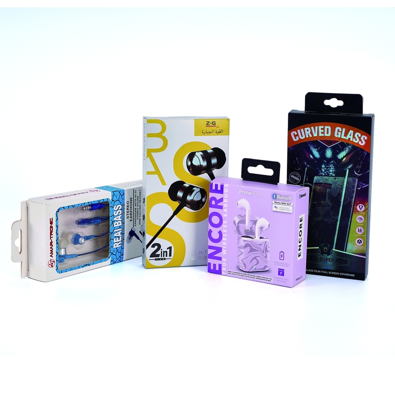 Custom Art Paper Earphone Packaging Box with Self Erecting Design and Glossy Lamination